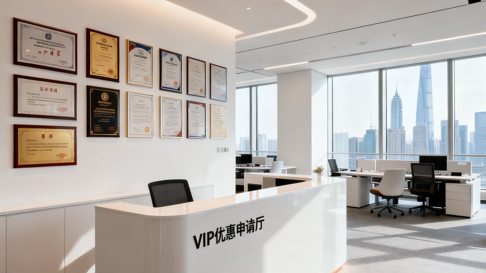 VIP优惠申请大厅位于上海陆家嘴的总部办公室，开放式的办公空间充满现代感，墙上展示着历年获得的行业奖项和客户感谢信。