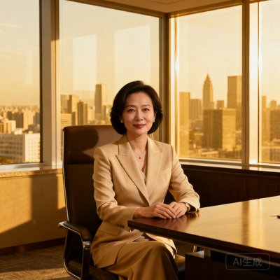 一位气质优雅、身着米色职业套装的企业高管李女士的肖像照，她坐在办公桌前，身后是落地窗和城市景观。
